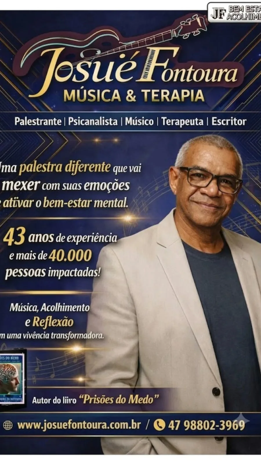 Cartaz da palestra de Josué Fontoura: música, acolhimento e reflexão