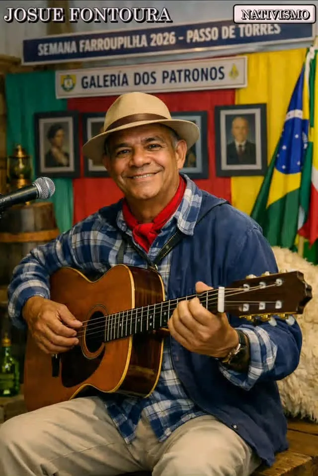 Josué Fontoura sorrindo, em pé, com o violão
